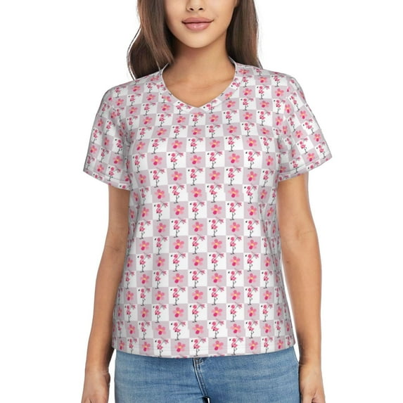 Vsdgher Flamingo On Checkered Women Shirts V Neck Short Sleeve Tops T-Shirt Basic Tees, S to 3XLMedium