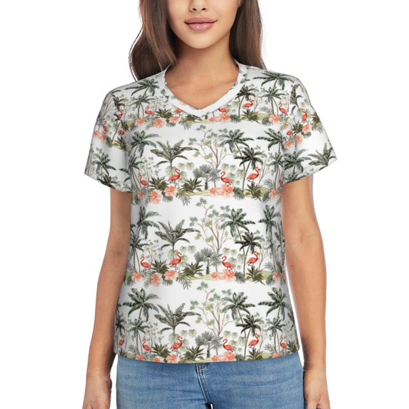 Vsdgher Flamingo Palm Trees Women Shirts V Neck Short Sleeve Tops T-Shirt Basic Tees, S to 3XLXX-Large