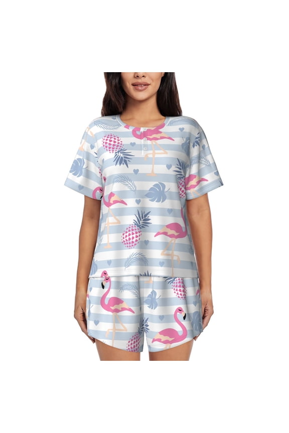 Flamingo and Pineapple Pattern Womens Pajamas 2 Piece Short Sleeve Sleepwear Set,Summer Soft Pajamas Set Casual Lounge Sets, 2-Piece Pj -3X-Large