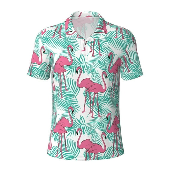Vsdgher Flamingo Print Men's Short Sleeve Stretch Polo Shirt, Moisture-Wicking Performance Polo Shirt