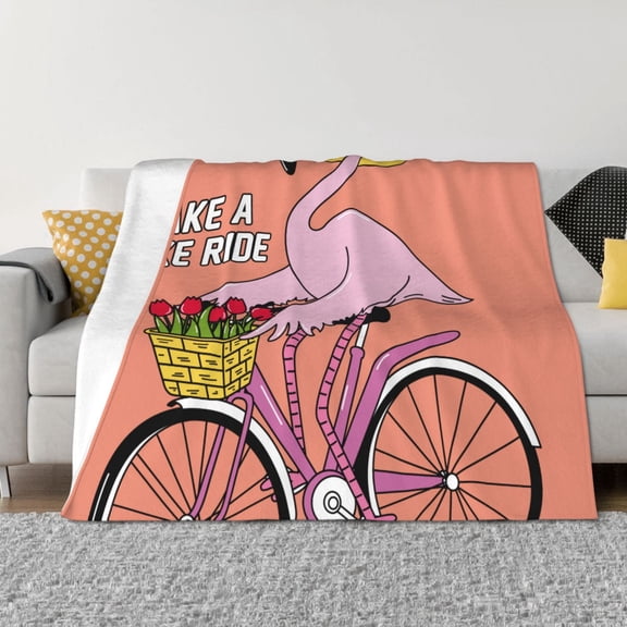 Vsdgher Flamingo Riding a Bicycle Pattern Fleece Throw Blanket, Horizontal Fleece Bedding Home Decor for Couch & Bed All Season Use -60"x50"