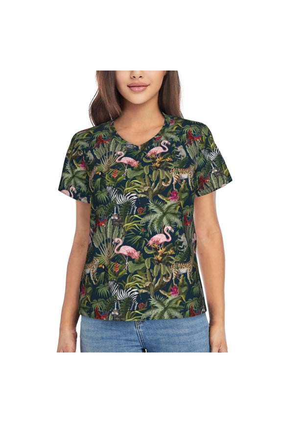 Flamingos And Palm Leaves Women Shirts V Neck Short Sleeve Tops T-Shirt Basic Tees, S to 3XLLarge