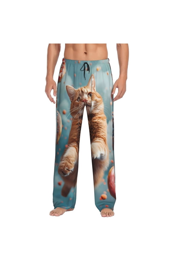 Floating Cat And Donuts Mens Pajama Pants Sleep & Lounge Pants, PJ Pants-X-Large