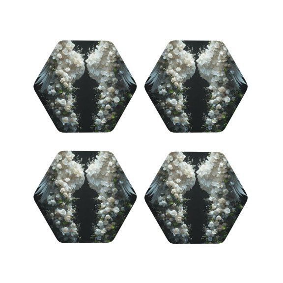 Vsdgher Floral Angelic White Wings Leather Coasters for Drinks, Durable Drink Coasters 4 Set for Tabletop Protection, Luxurious Home Décor and Housewarming Gift-Hexagon