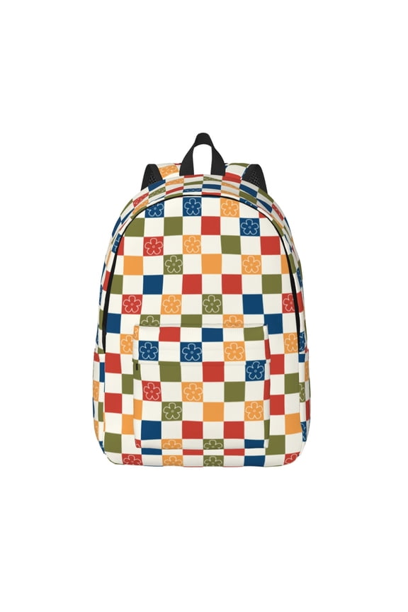 Floral Checkerboard Print Canvas Backpack Travel Rucksack Unisex Knapsack 15.7/17.7Inch Laptop Backpack for Work,College -Medium