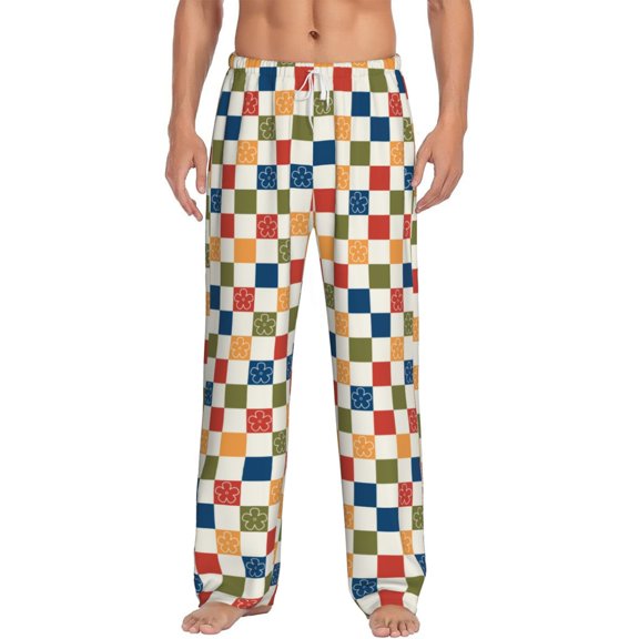 Vsdgher Floral Checkerboard Print Mens Pajama Pants Sleep & Lounge Pants, PJ Bottoms With elastic waistb and Pockets