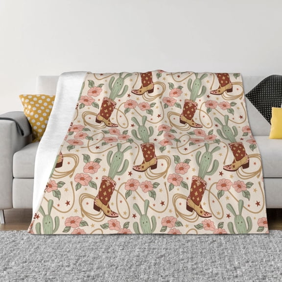 Vsdgher Floral Cowboy Boots Pattern Fleece Throw Blanket, Horizontal Fleece Bedding Home Decor for Couch & Bed All Season Use -80"x60"