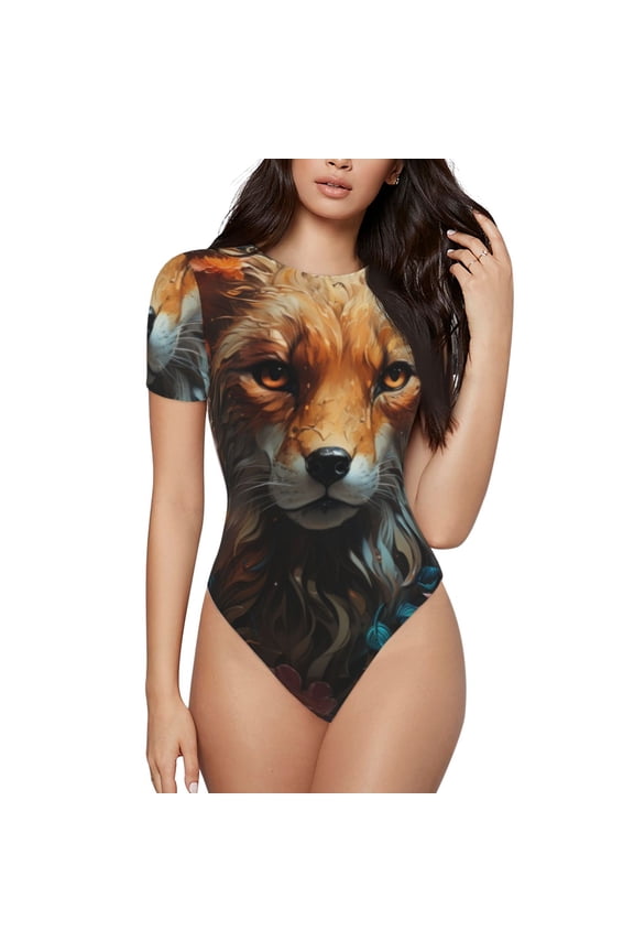 Floral Fox Prinr Short Sleeve Body suit for Womens, Sexy Onesie One Piece Round Neck Bodysuit Shapewear Tummy Control-X-Large