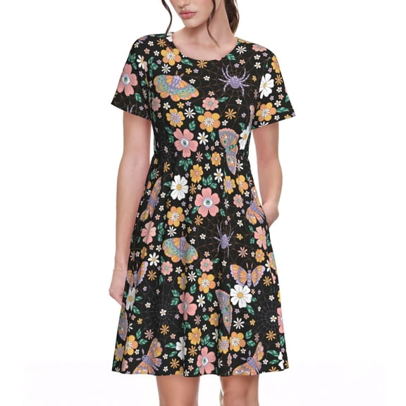 Vsdgher Floral Insects for Womens Summer 2025 Casual Midi Maxi Dresses Lightweight Short Sleeve Round Neck Beach Dress -3X-Large