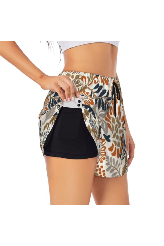 Floral Paisley Print Women's Running Double Layer Shorts High Waisted with Pockets Elastic Yoga Workout Athletic Gym Sports