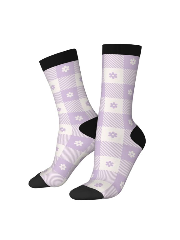 Floral Purple Buffalo Plaid Crew Socks for Men & Women, Breathable Casual Athletic Ankle Socks