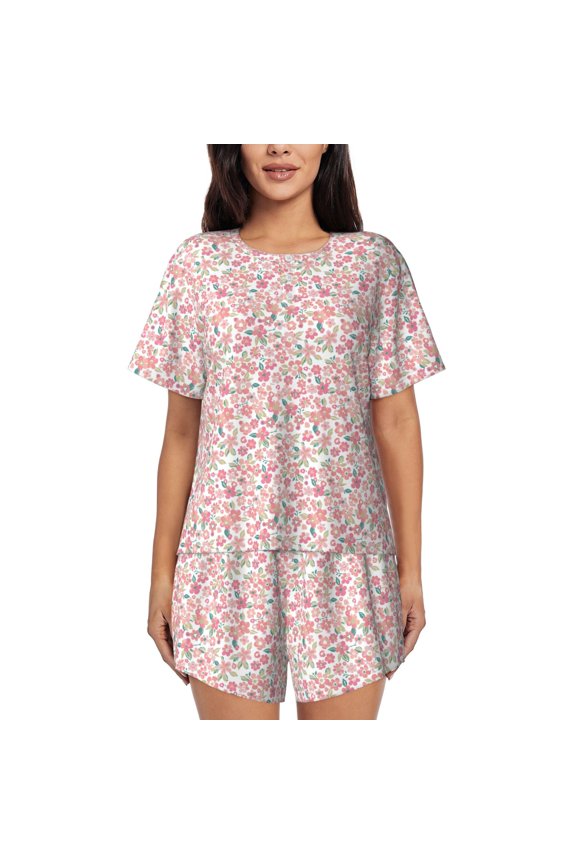Floral Retro Style Pattern Womens Pajamas 2 Piece Short Sleeve Sleepwear Set,Summer Soft Pajamas Set Casual Lounge Sets, 2-Piece Pj -XX-Large