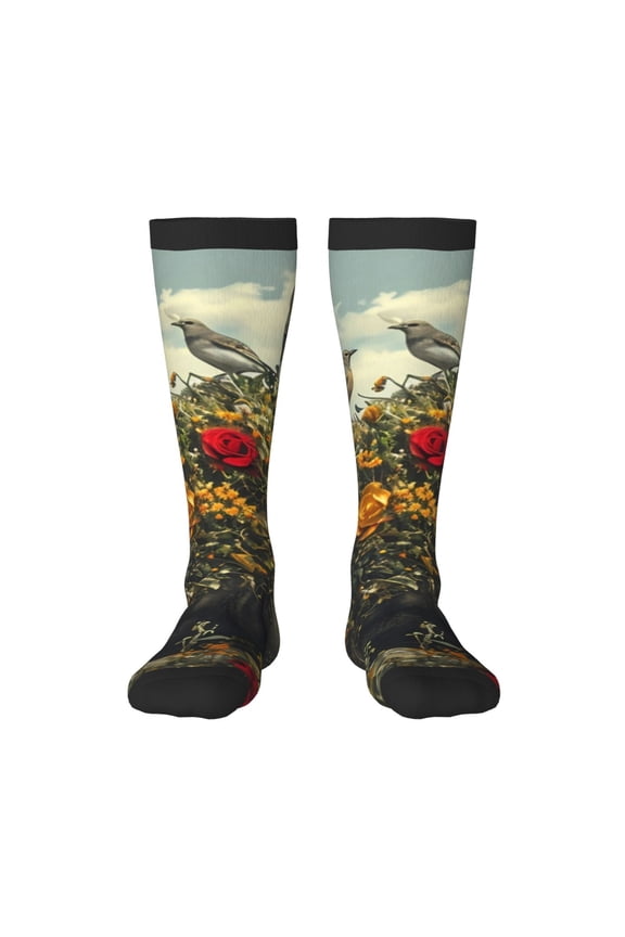 Floral Rhino With Birds Knee Socks, High Socks Long Stretchy Sock Women Knee High Stocking, Long Socks for Women