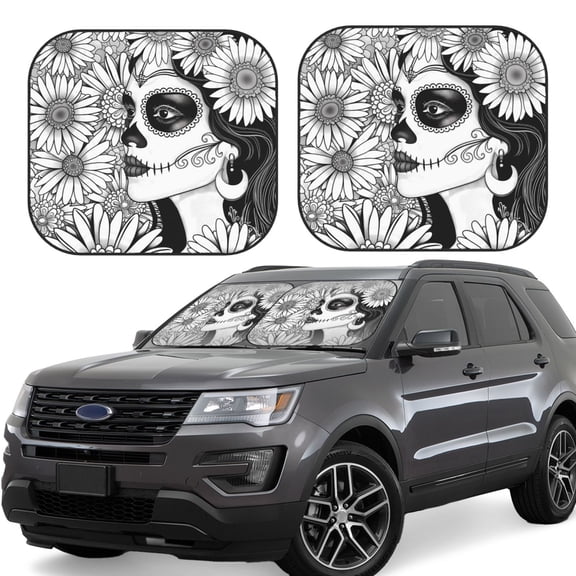 Vsdgher Floral Sugar Skull Portrait Print Car Windshield Sun Shade, Reflective Sunshade Window Sunshade Sun Visor Protector Fit for Cars,Trucks,SUVs-Large