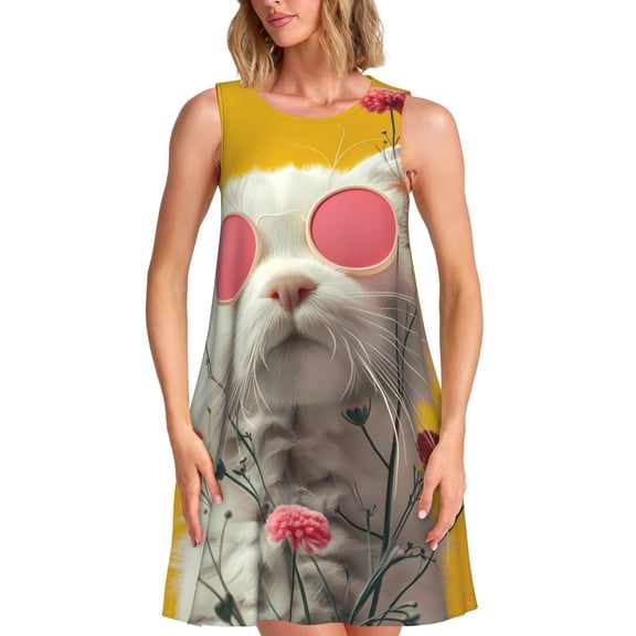 Vsdgher Floral Sunglasses Cat Art Print Summer Dresses for Women Casual U Neck Beach Dress Sleeveless Tank Loose Sundress with Pocket -Medium