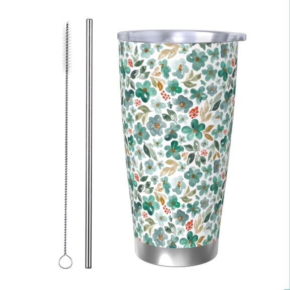 Vsdgher Floral In Teal 20 Oz Stainless Steel Vacuum Insulated, Travel Mug Coffee Cup for Home, Office, Outdoor Works Great for Ice Drinks and Hot Beverage -Straw Two-piece Set