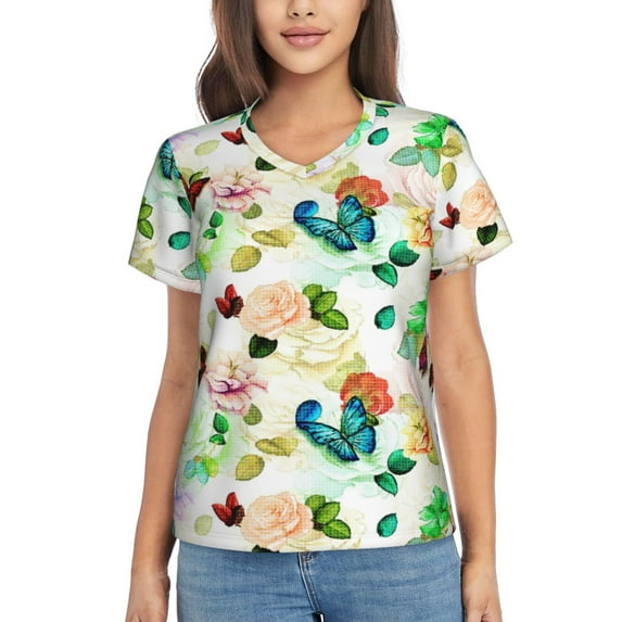 Vsdgher Floral Vintage Women Shirts V Neck Short Sleeve Tops T-Shirt Basic Tees, S to 3XLLarge