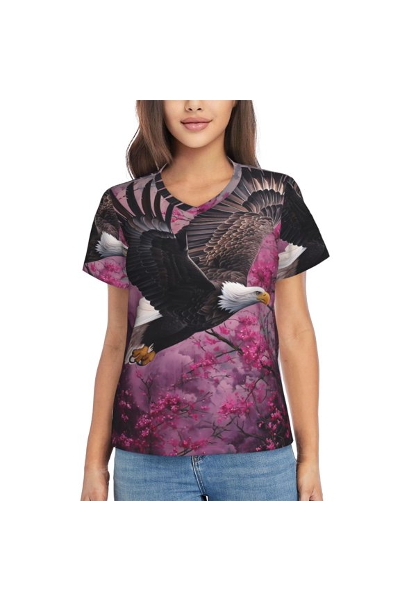 Flower Bald Eagle Women Shirts V Neck Short Sleeve Tops T-Shirt Basic Tees, S to 3XLXX-Large