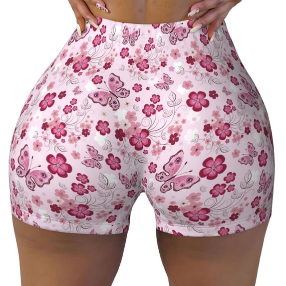 Vsdgher Flower Butterfly print Workout Shorts for Women Seamless Soft Smooth Gym Yoga Scrunch Active Exercise Fitness Shorts