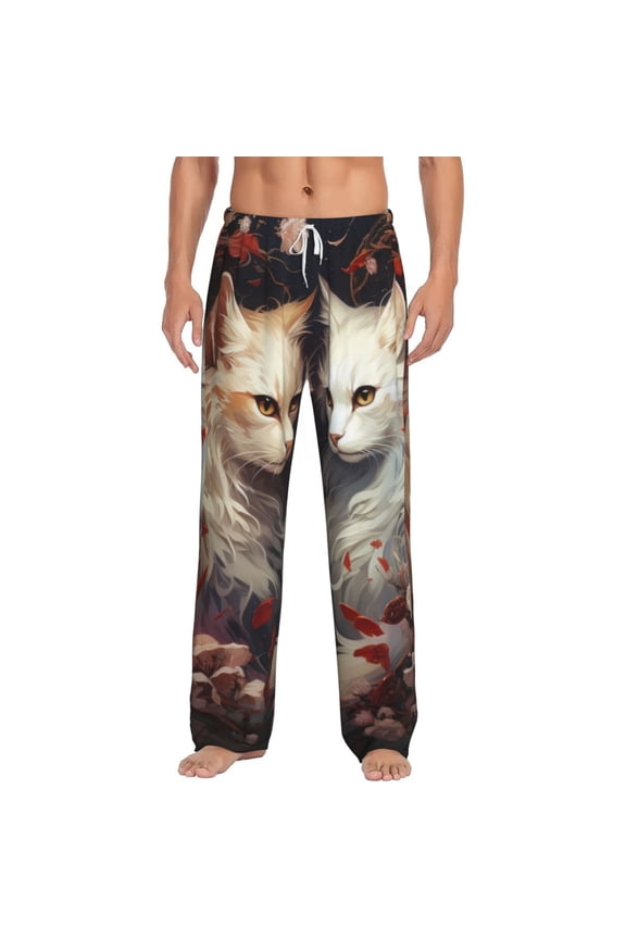 Flower Cat Couple Print Mens Pajama Pants Sleep & Lounge Pants, PJ Bottoms With elastic waistb and Pockets