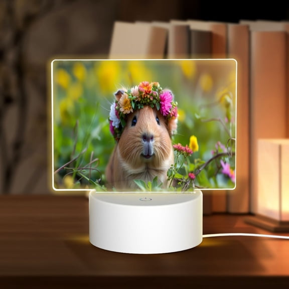 Vsdgher Flower Crown Guinea Pig Rectangular Acrylic Night Light Acrylic Sleep Night Light Friend Gifts for Birthday Gifts for Women Teens Boys Girls