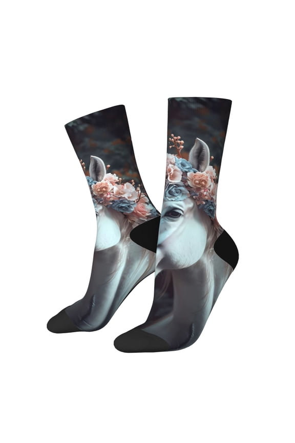 Flower Crown White Horse Crew Socks for Men & Women, Breathable Casual Athletic Ankle Socks