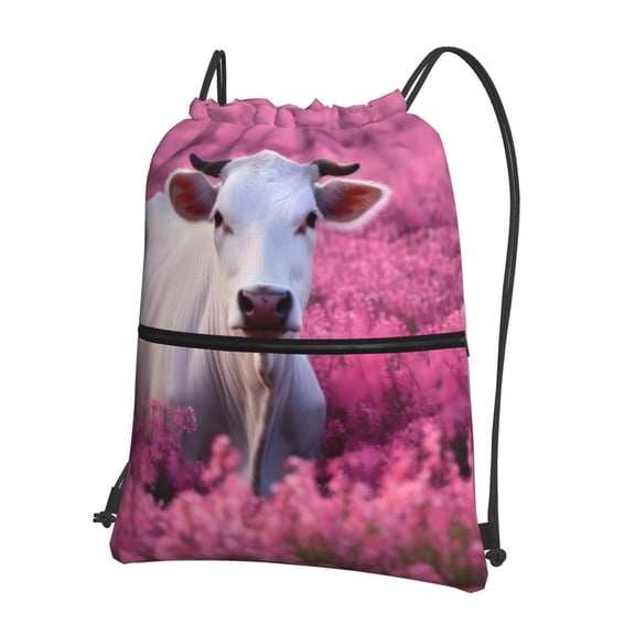 Vsdgher Flower Field Cow Drawstring Backpack Water Resistant String Bag Sports Sackpack Gym Sack for Men Women