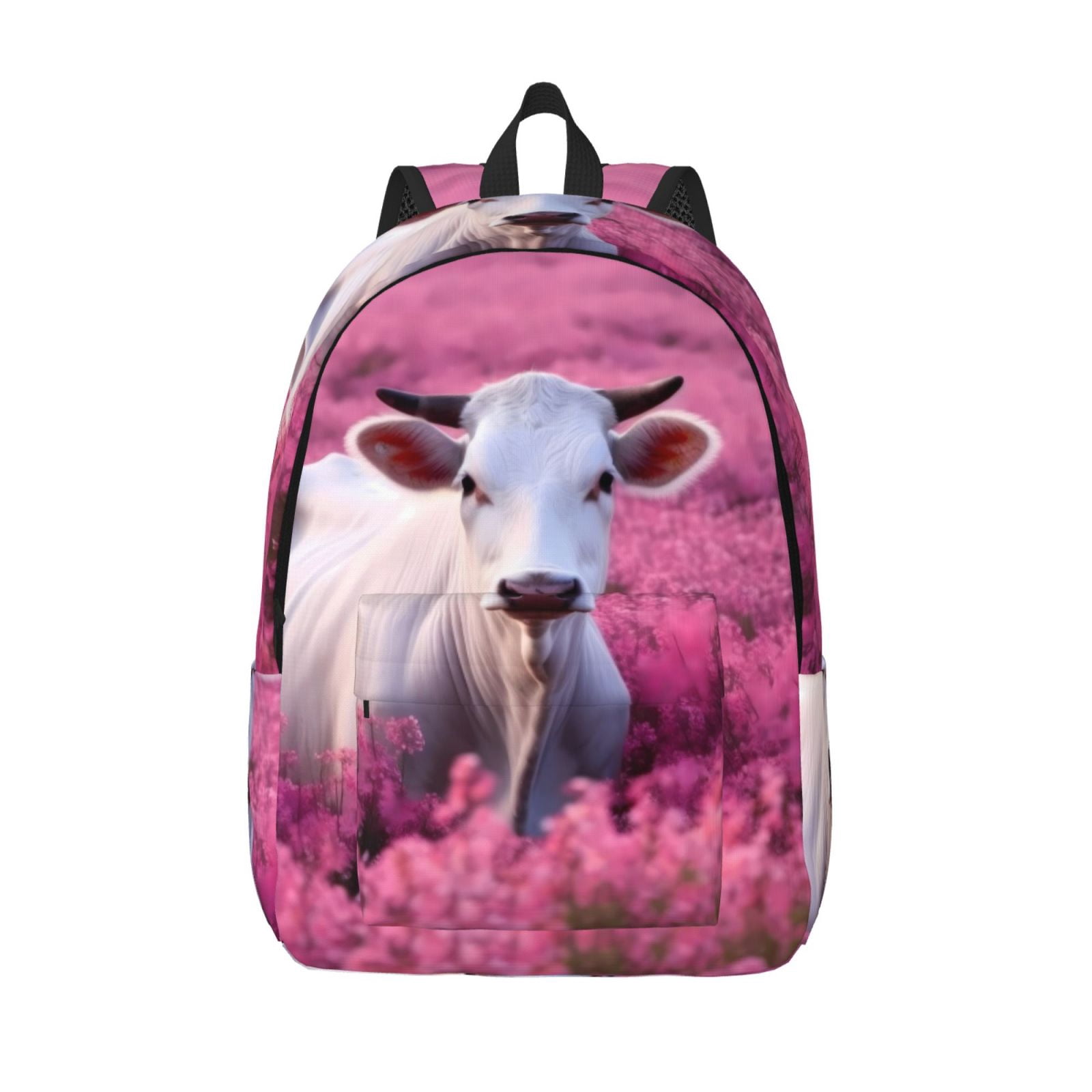 Vsdgher Flower Field Cow Print Canvas Backpack Travel Rucksack Unisex Knapsack 15.7/17.7Inch Laptop Backpack for Work,College -Medium
