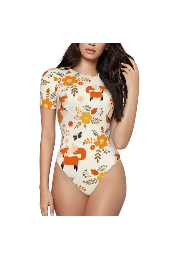 Flower Fox Prinr Short Sleeve Body suit for Womens, Sexy Onesie One Piece Round Neck Bodysuit Shapewear Tummy Control-Large