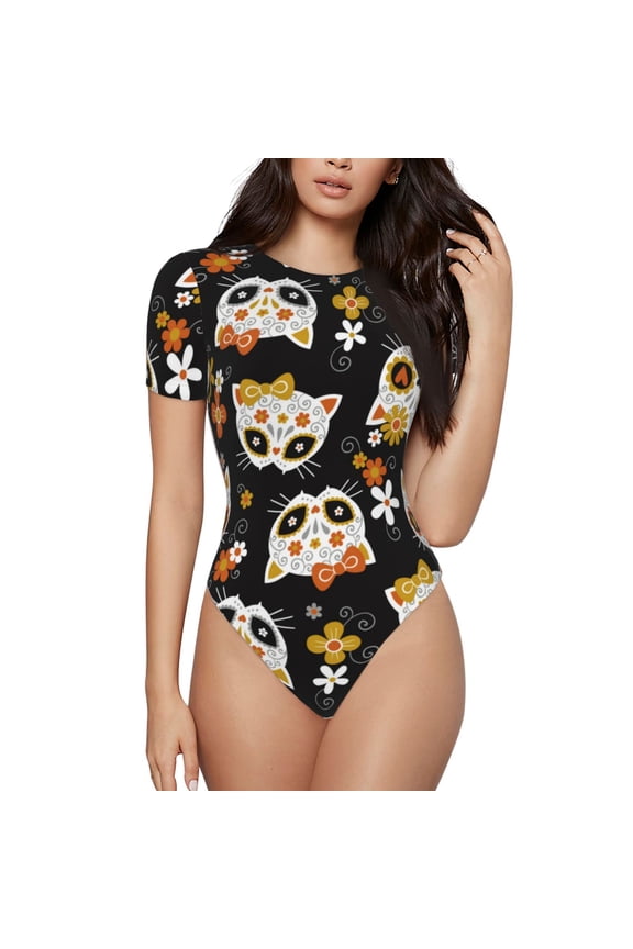 Flower Fox Prinr Short Sleeve Body suit for Womens, Sexy Onesie One Piece Round Neck Bodysuit Shapewear Tummy Control-X-Large