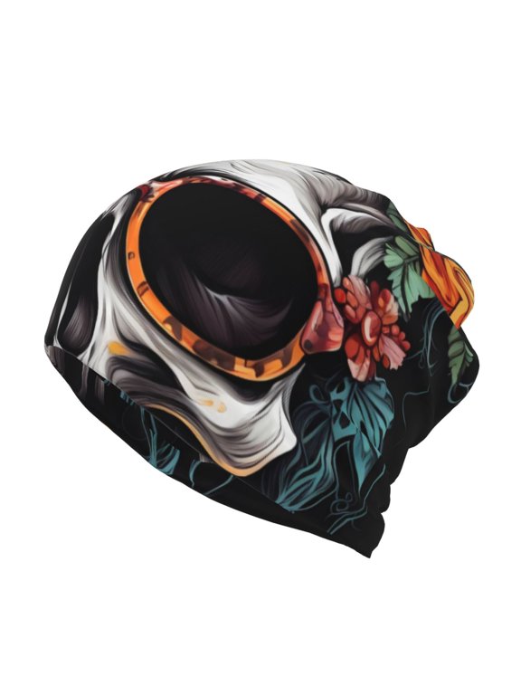 Flower Horn Skull A Slouchy Beanie Hat for Men/Women, Skull Cap Chemo Cap Night Sleeping Cap