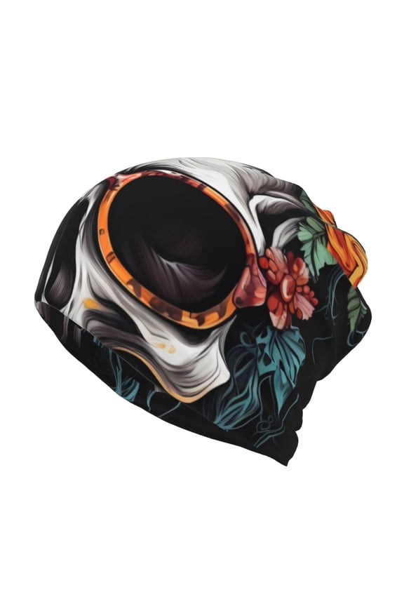 Flower Horn Skull A Slouchy Beanie Hat for Men/Women, Skull Cap Chemo Cap Night Sleeping Cap