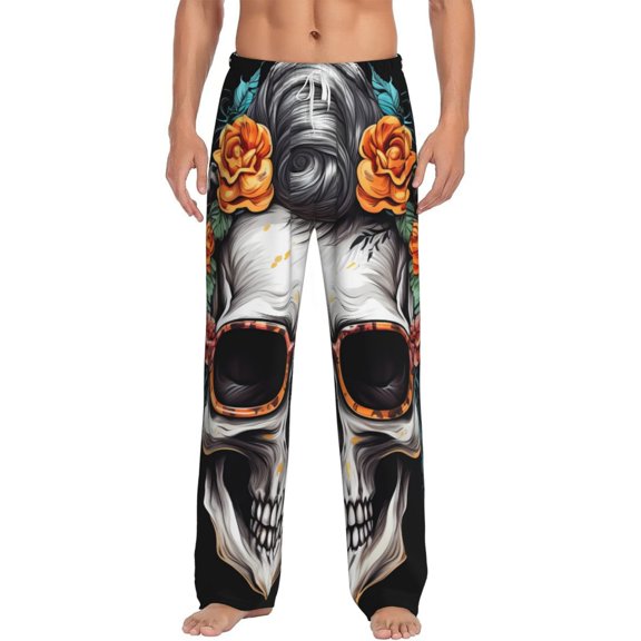 Vsdgher Flower Horn Skull Print Mens Pajama Pants Sleep & Lounge Pants, PJ Bottoms With elastic waistb and Pockets