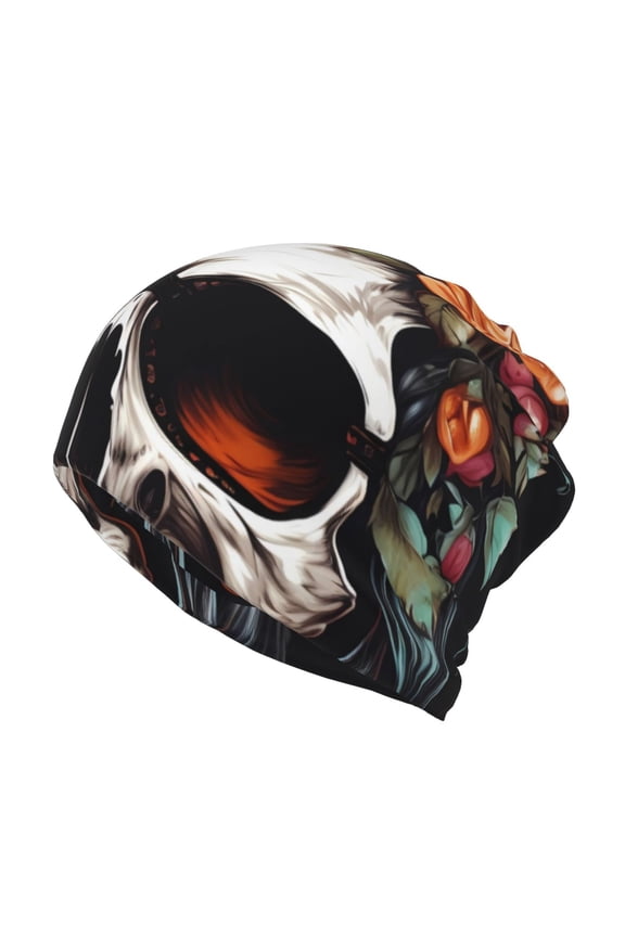 Flower Horn Skull Slouchy Beanie Hat for Men/Women, Skull Cap Chemo Cap Night Sleeping Cap