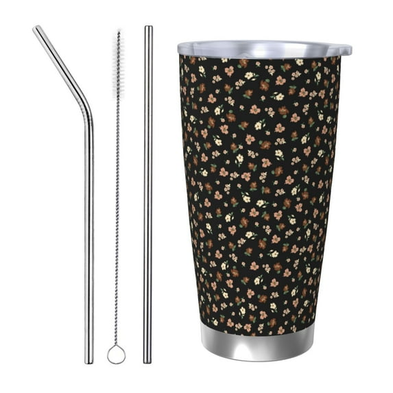 Vsdgher Flower Pattern On Black 20 Oz Stainless Steel Vacuum Insulated, Travel Mug Coffee Cup for Home, Office, Outdoor Works Great for Ice Drinks and Hot Beverage -Straw Three-piece Set
