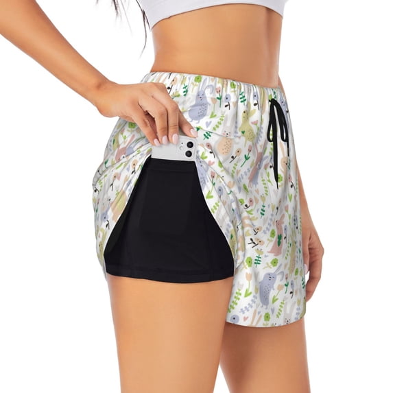 Vsdgher Flower Rabbit Print Women's Running Double Layer Shorts High Waisted with Pockets Elastic Yoga Workout Athletic Gym Sports