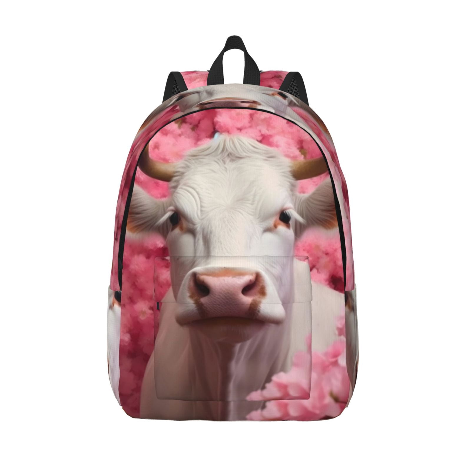 Vsdgher Flower White Cow Print Canvas Backpack Travel Rucksack Unisex Knapsack 15.7/17.7Inch Laptop Backpack for Work,College -Medium