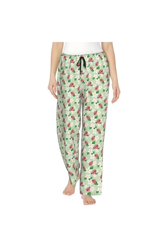 Flower With Ladybug Women’s Womens Pajama Pants, Lounge Wide Leg PantsLounge Pants,Sleep Bottoms, Lounge for Women-Large