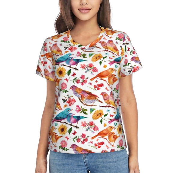 Vsdgher Flowers Birds And Butterflies Women Shirts V Neck Short Sleeve Tops T-Shirt Basic Tees, S to 3XLSmall