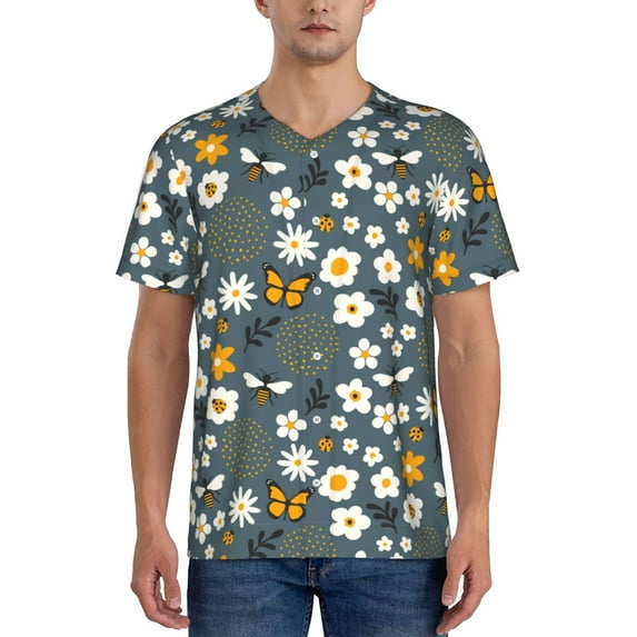 Vsdgher Flowers and Bee Mens T-Shirts Baseball Vintage Fashionable Lightweight Casual Crew Neck Slim Fit with Long Sleeves-4X-Large