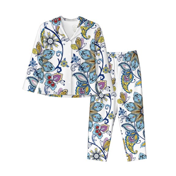 Vsdgher Flowers and Butterflies Pajamas Set Long Sleeve Sleepwear Womens Button Down Nightwear Pj Sets-Medium