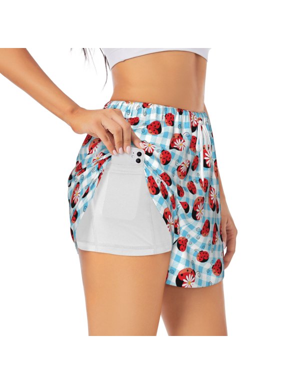 Flowers and Lady Bugs Print Women's Running Double Layer Shorts High Waisted with Pockets Elastic Yoga Workout Athletic Gym Sports