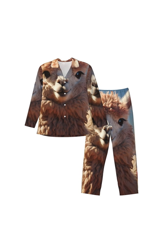 Fluffy Alpaca Mountain Meadow Mens Pajama Set, Soft Warm Long Sleeve Sleepwear, Cozy Button-Down Pjs for Men-XX-Large