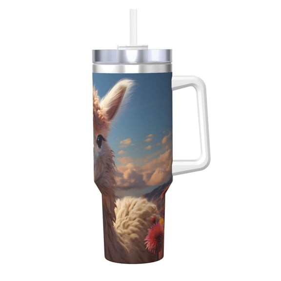 Vsdgher Fluffy Alpaca Mountain Meadow Pattern 40 oz Tumbler with Handle and Straw Lid | Insulated Cup Reusable Stainless Steel Water Bottle Travel Mug | Gifts for Women Men Him Her