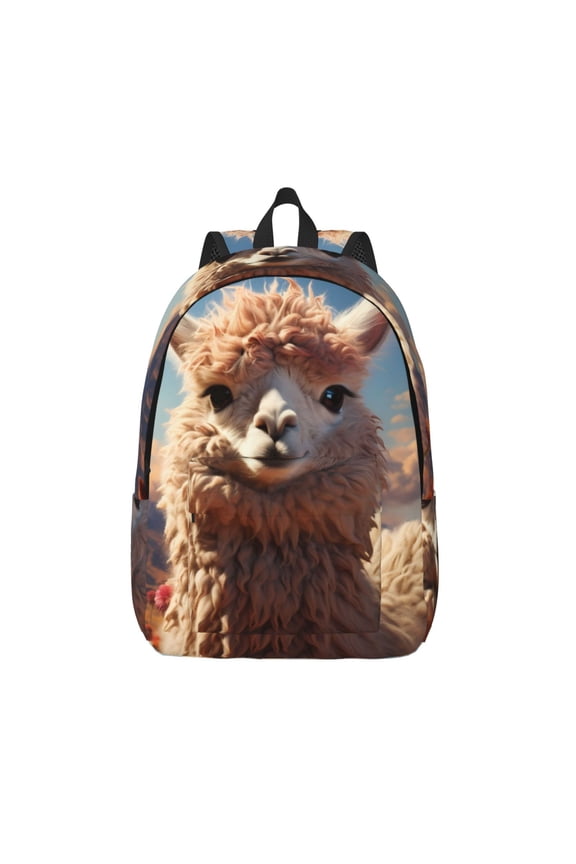 Fluffy Alpaca Mountain Meadow Print Canvas Backpack Travel Rucksack Unisex Knapsack 15.7/17.7Inch Laptop Backpack for Work,College -Medium