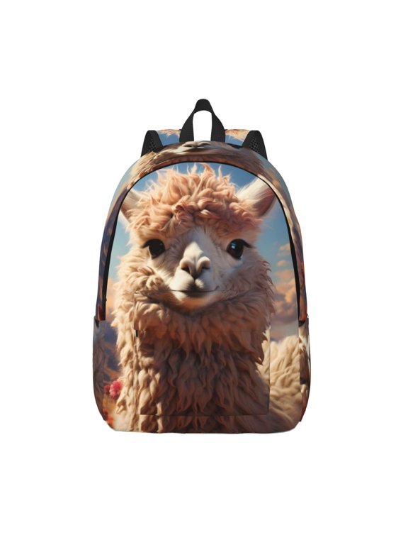 Fluffy Alpaca Mountain Meadow Print Canvas Backpack Travel Rucksack Unisex Knapsack 15.7/17.7Inch Laptop Backpack for Work,College -Small