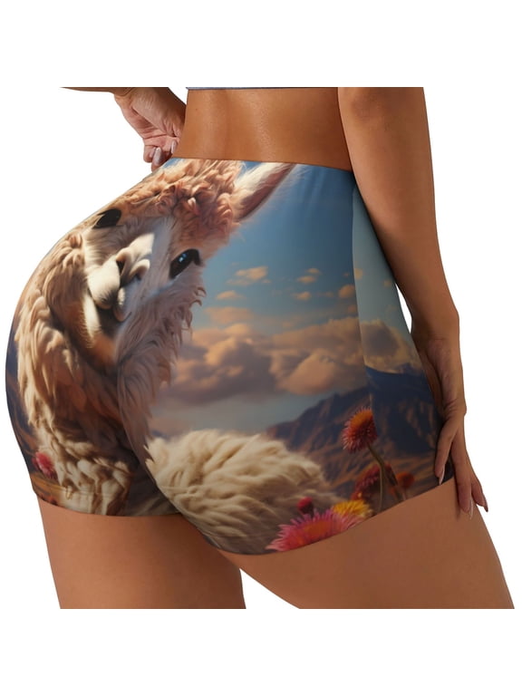 Fluffy Alpaca Mountain Meadow Workout Shorts for Women Seamless Soft Smooth Gym Yoga Scrunch Active Exercise Fitness Shorts-Large