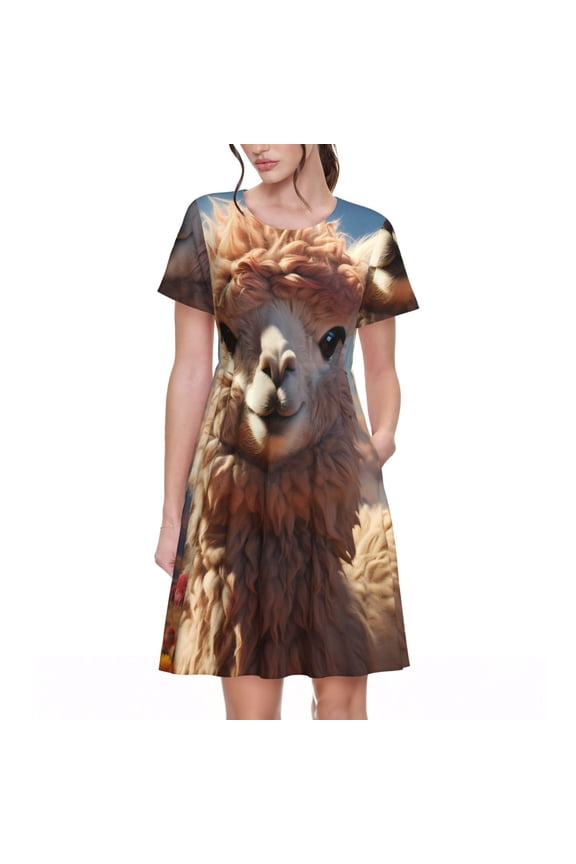 Fluffy Alpaca Mountain Meadow for Womens Summer 2025 Casual Midi Maxi Dresses Lightweight Short Sleeve Round Neck Beach Dress -Large