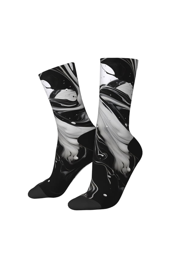 Fluid Black White Paint Swirls Crew Socks for Men & Women, Breathable Casual Athletic Ankle Socks