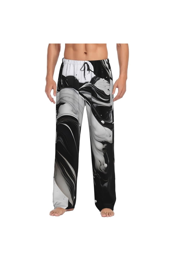 Fluid Black White Paint Swirls Mens Pajama Pants Sleep & Lounge Pants, PJ Pants-Large